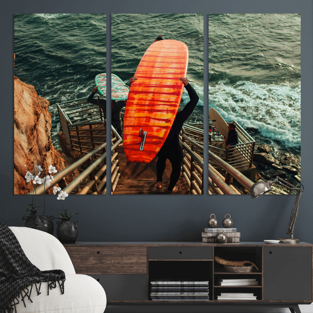 Surfer Stairway Wall Art – Framed Ocean Surf Canvas Artwork,