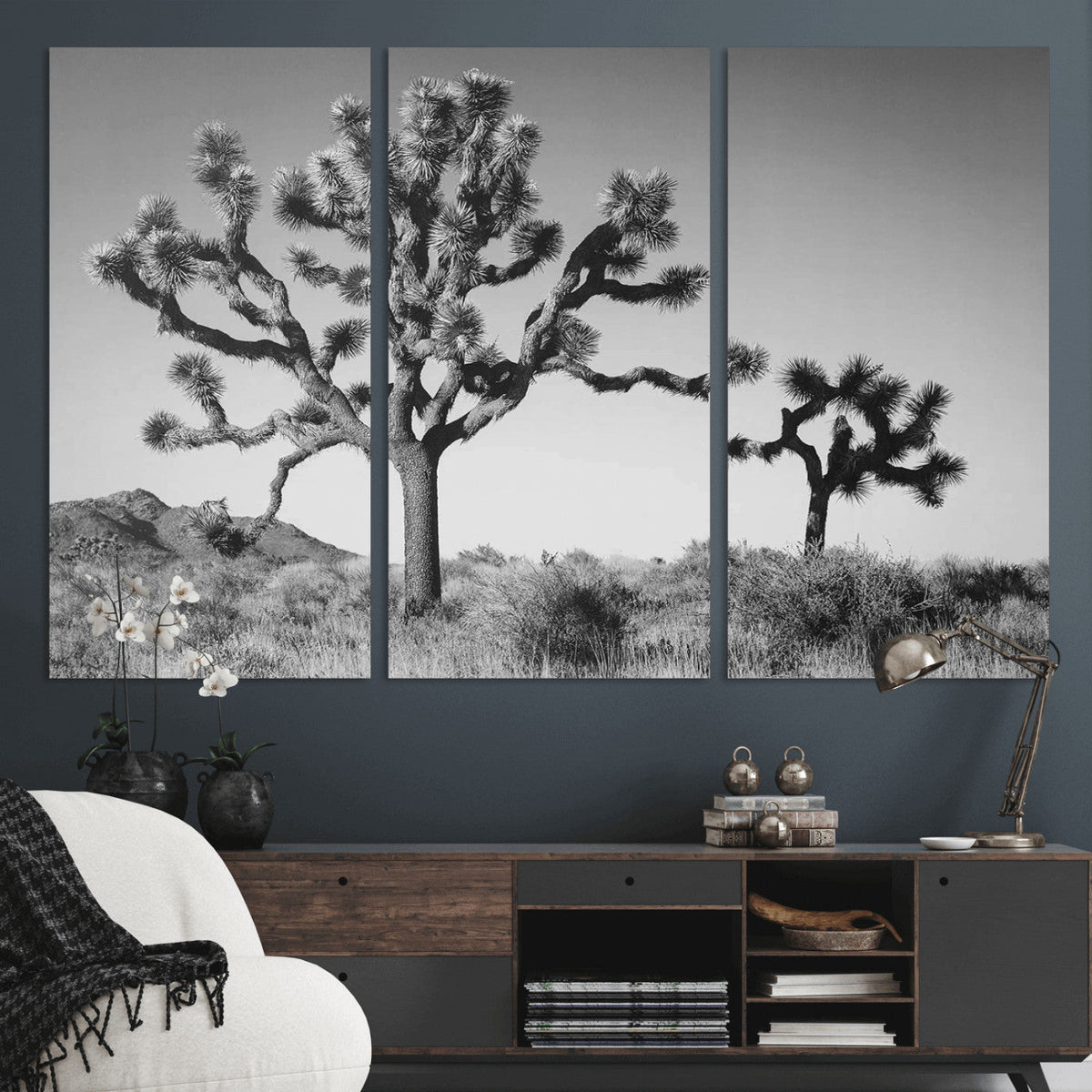 Joshua Tree Wall Art Canvas Print – Framed Monochrome Desert