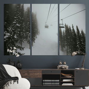 Ski Lift Wall Art Canvas Print – Snowy Pines Misty Landscape