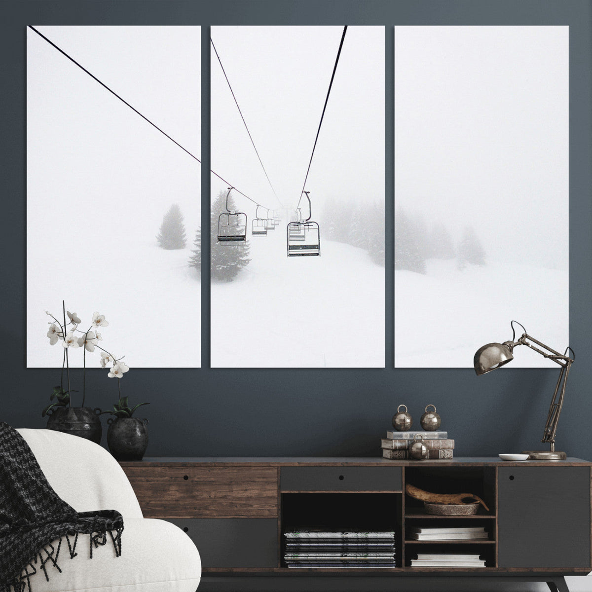 Ski Lift Wall Art Canvas Print – Snowy Alpine Landscape