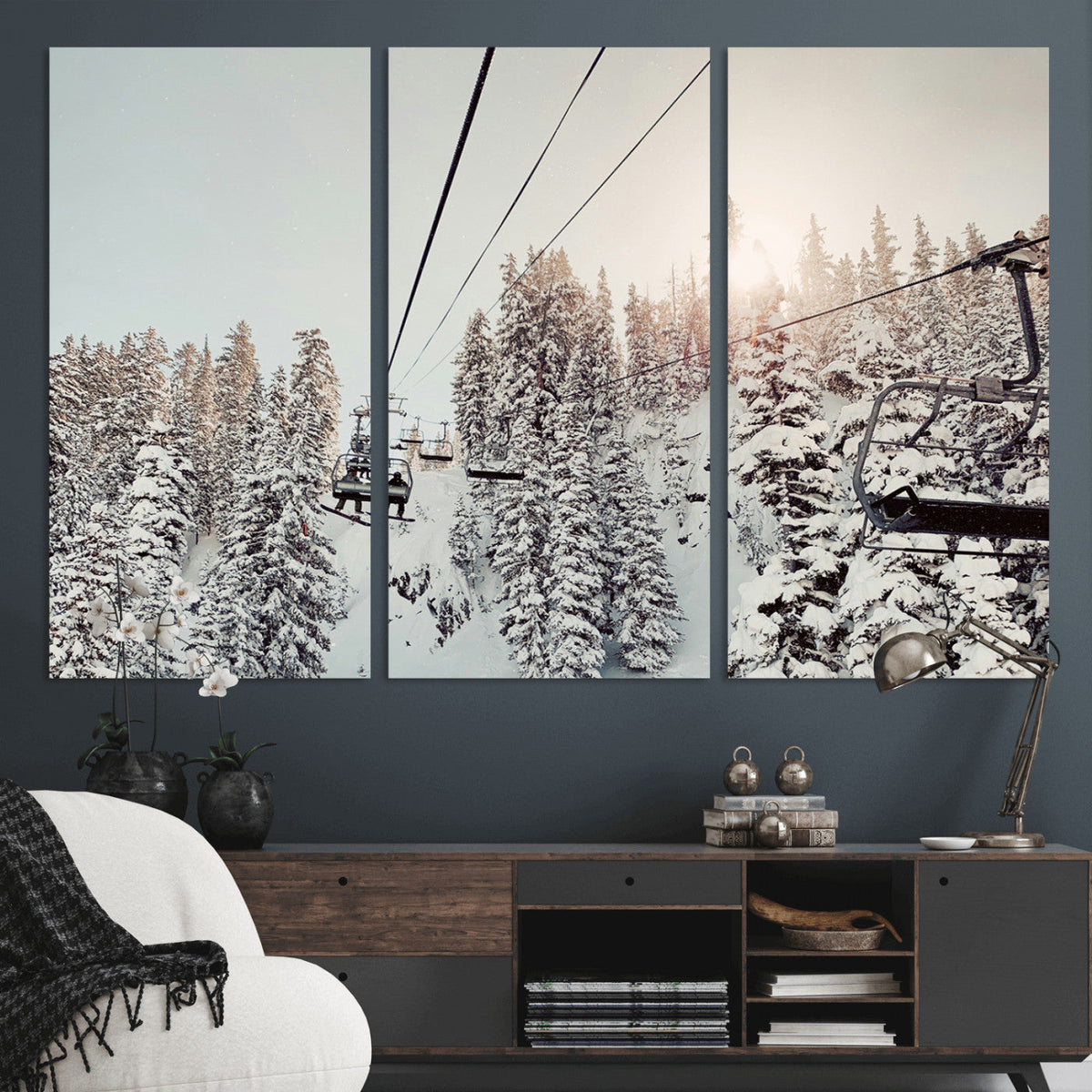 Frosty Pines Wall Art Canvas Print – Framed Cozy Cabin Ski