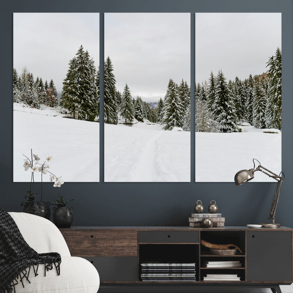 Frosty Pines Wall Art Canvas Print – Framed Silent Snowfall