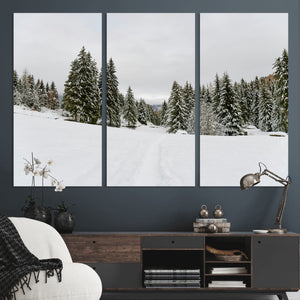 Frosty Pines Wall Art Canvas Print – Framed Silent Snowfall