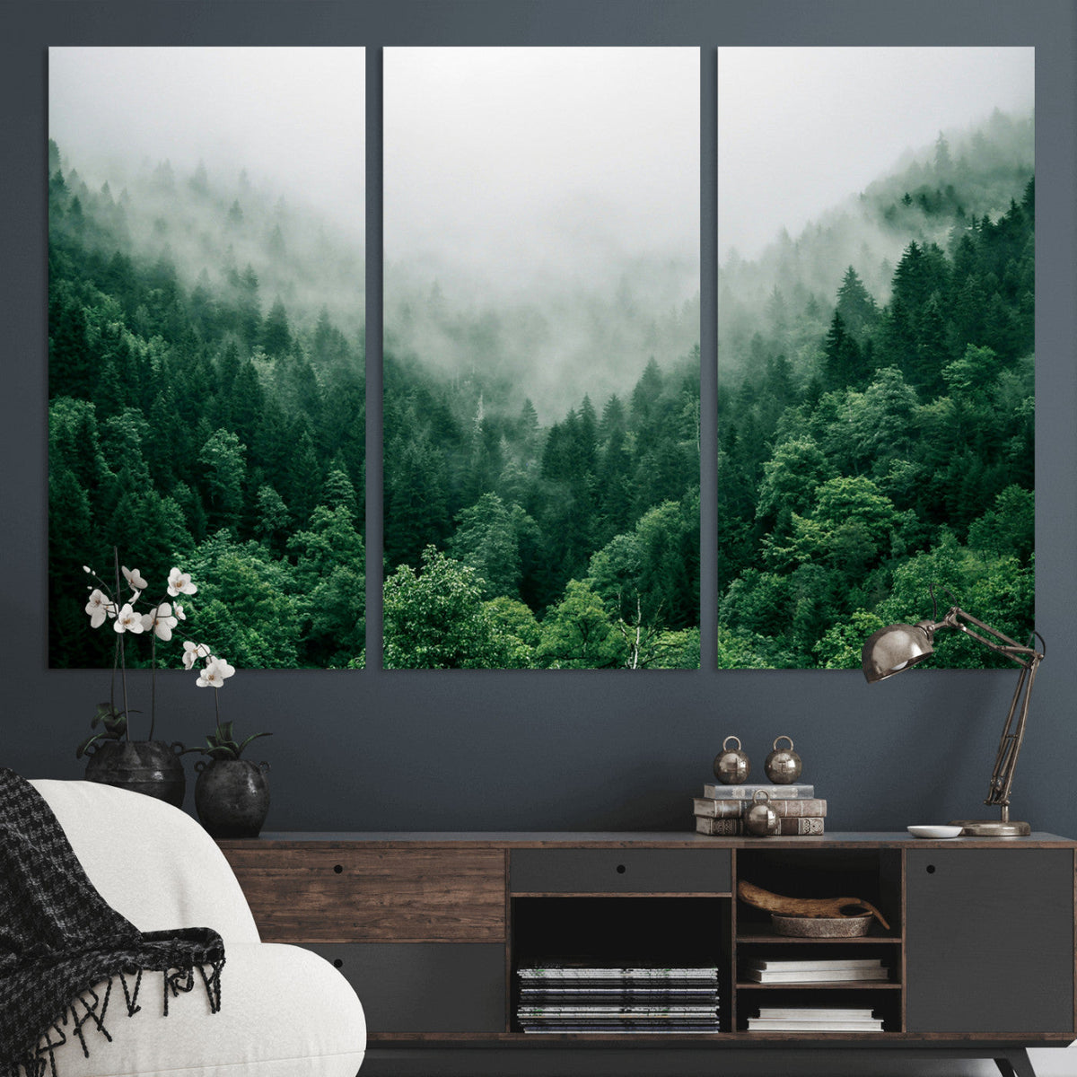Misty Green Forest Canvas Print – Framed Serene Foggy Pine