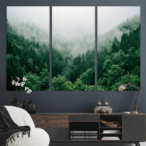Misty Green Forest Canvas Print – Framed Serene Foggy Pine