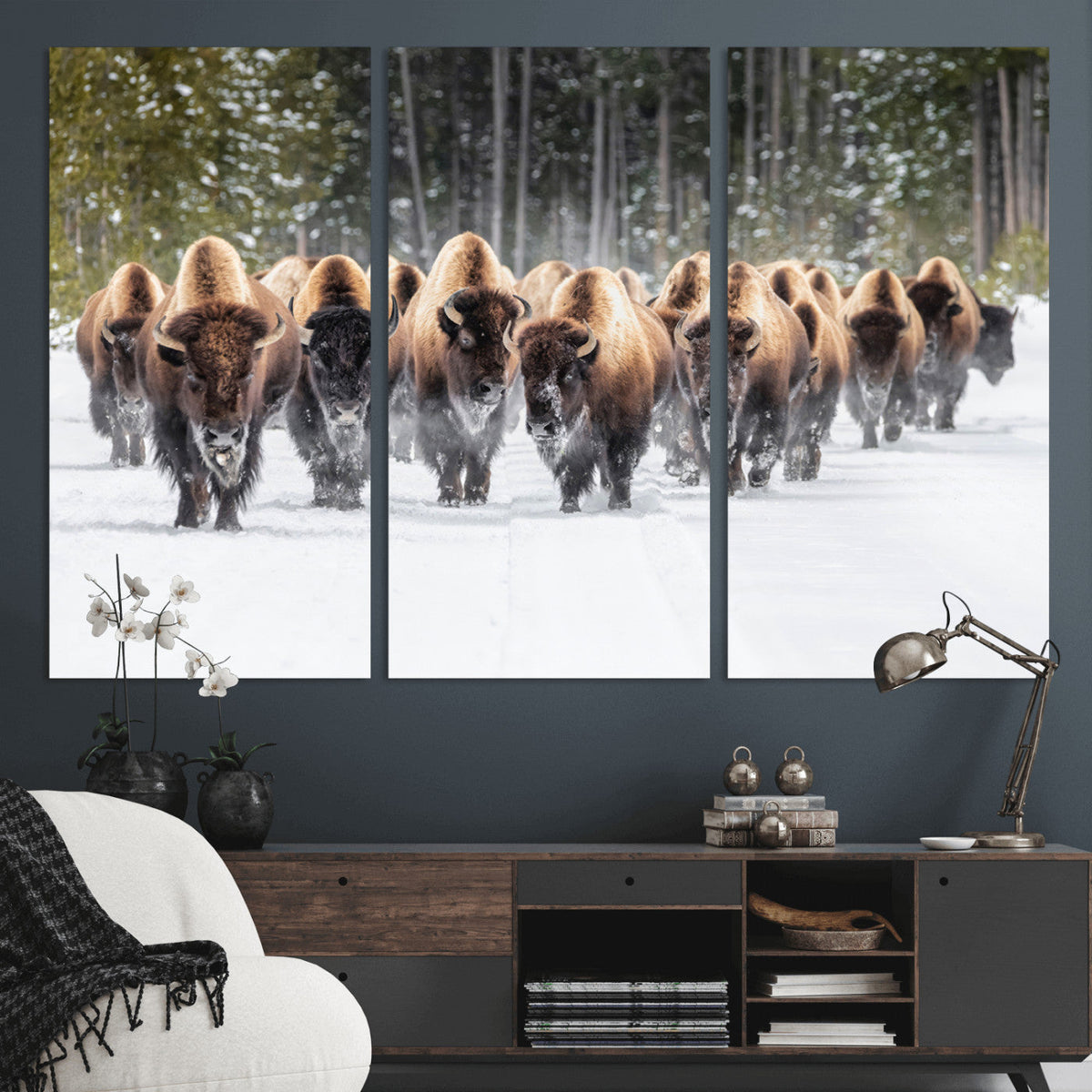 American Bison Herd Wall Art Canvas Print – Powerful Winter