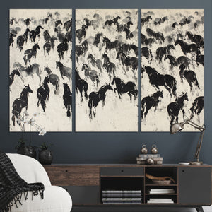 Wild Horse Stampede Wall Art Canvas Print – Monochrome