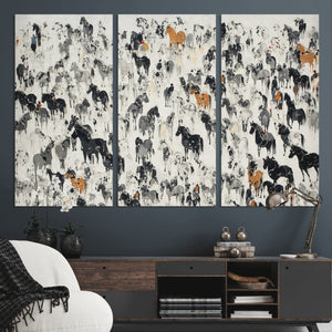 Wild Horse Stampede Wall Art Canvas Print – Monochrome