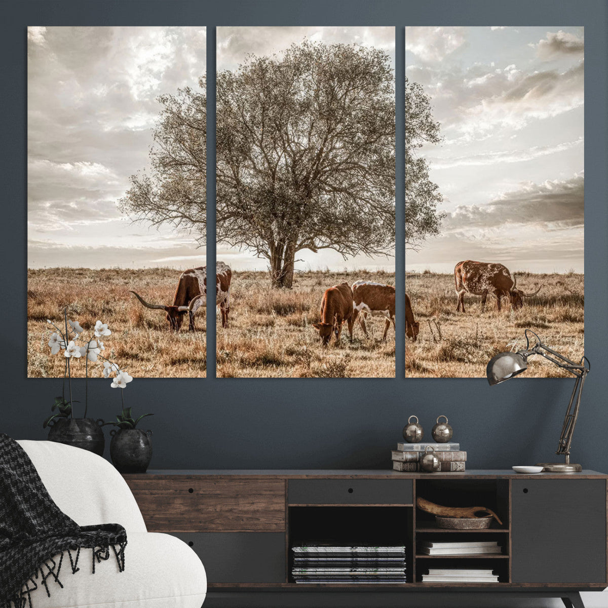 Texas Longhorn Cattle Wall Art, Rustic Western Ranch Canvas