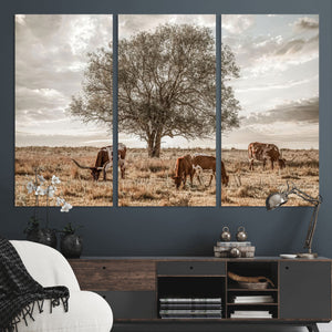 Texas Longhorn Cattle Wall Art, Rustic Western Ranch Canvas