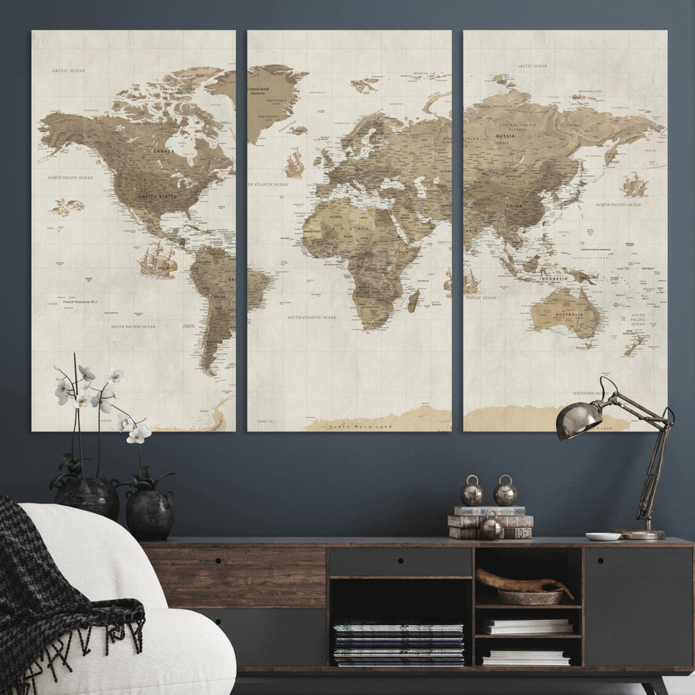 Detailed World Map Wall Art Canvas Print