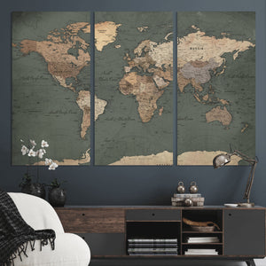 Rustic Black and Wood World Map Canvas Wall Art – Framed