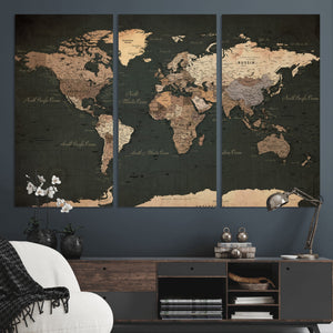 Vintage World Map Canvas Wall Art – Framed Travel Map for