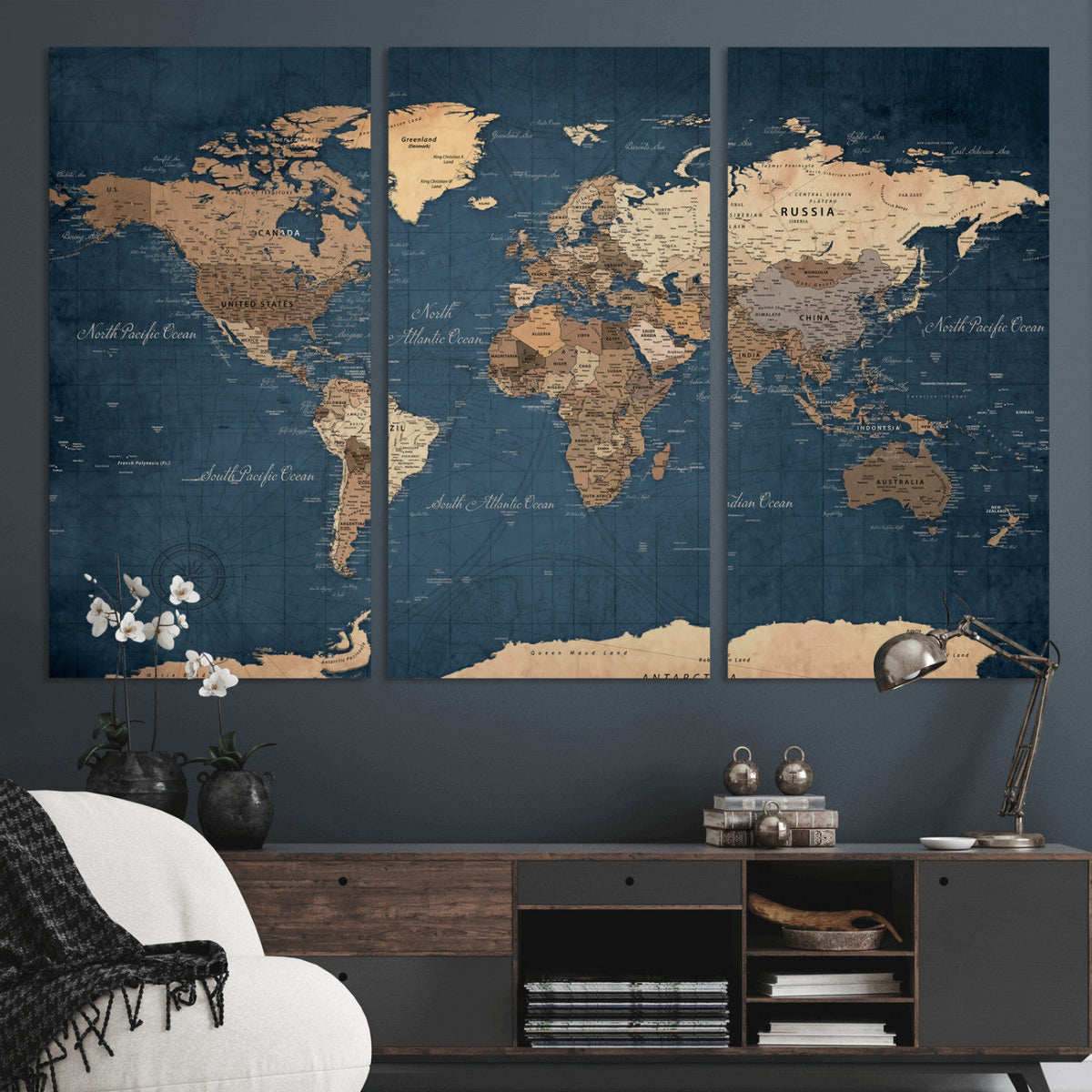 Navy Blue World Map Canvas Print – Framed Travel Map Wall