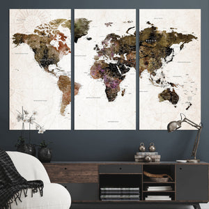 Watercolor World Map Print - Large Wall Art Canvas Print for