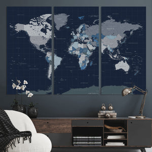 Blue Detailed World Map Wall Art Canvas Print, Modern Framed
