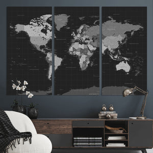 Black World Map Wall Art Canvas Print – Detailed Map of the