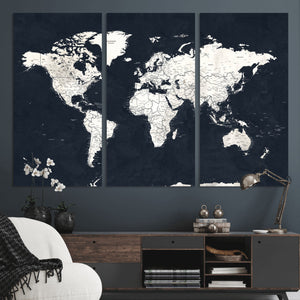 Black World Map Wall Art Canvas Print for Home Office and