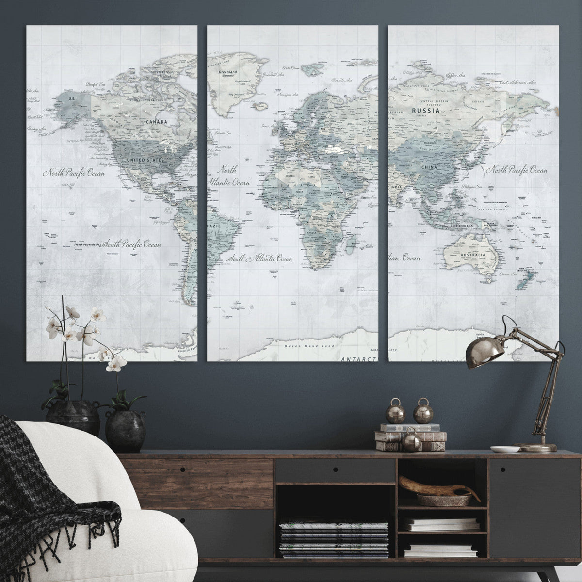 Push Pin World Map Canvas Print - Detailed Vintage World Map