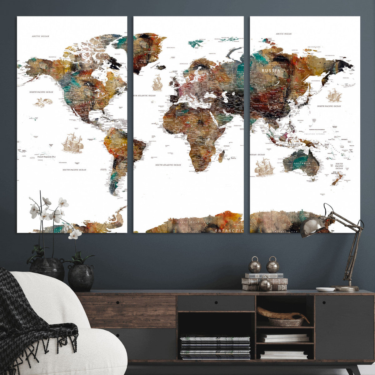 Watercolor World Map Canvas Print – Detailed Map of the