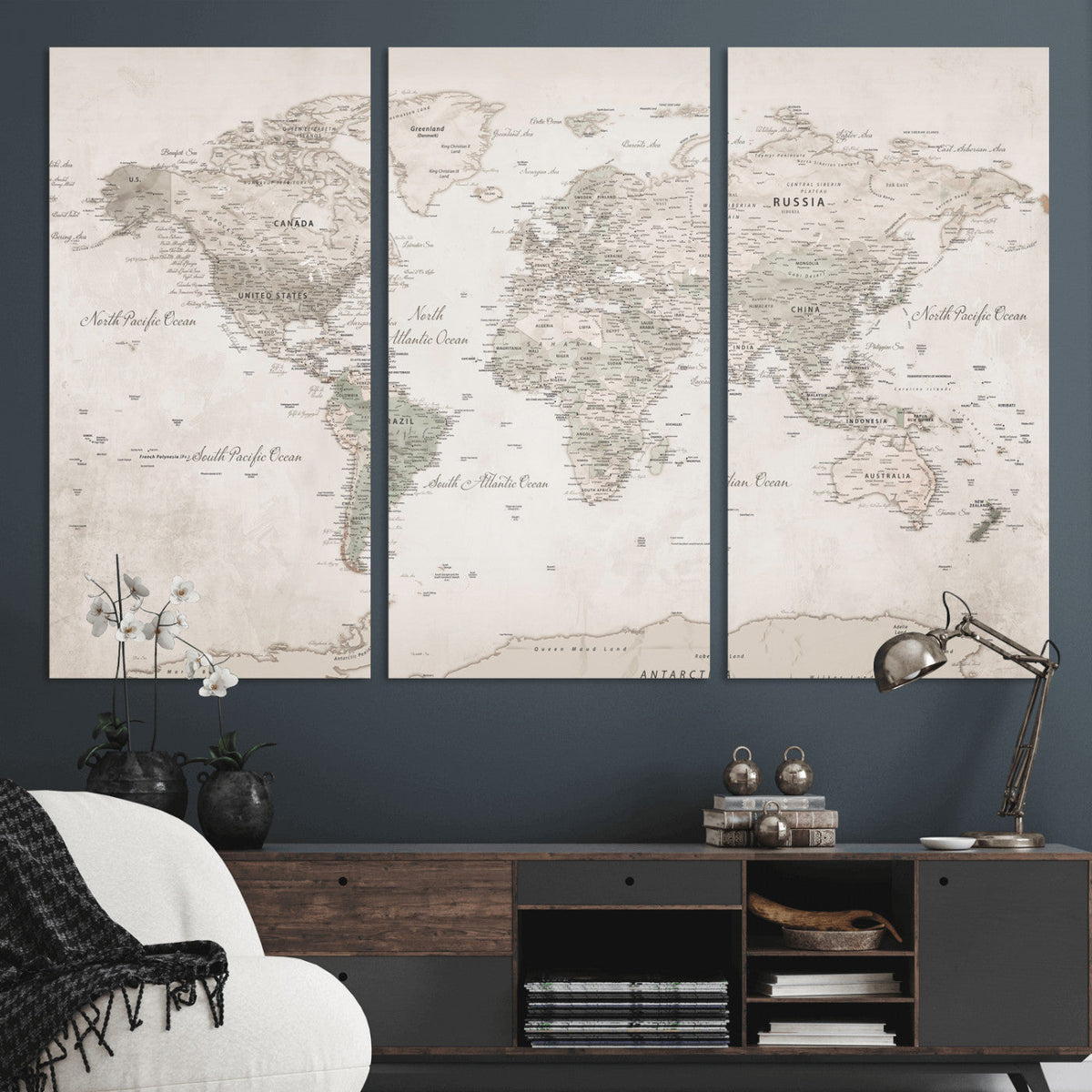 Antique Style World Map Canvas Print - Vintage Detailed
