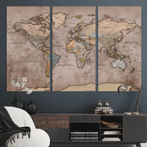 Grunge World Map Canvas Wall Art - Vintage Aged World Map