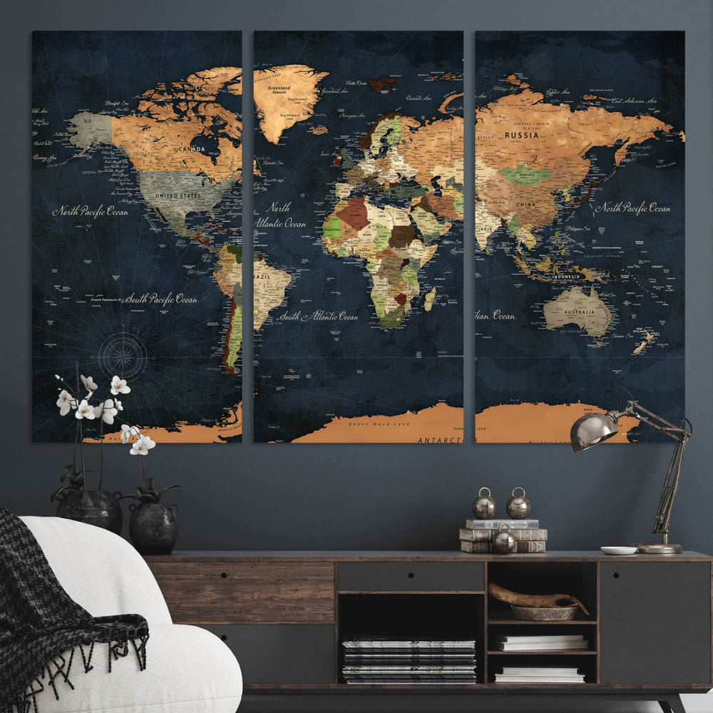 Vintage World Map Canvas Wall Art – Detailed Map with