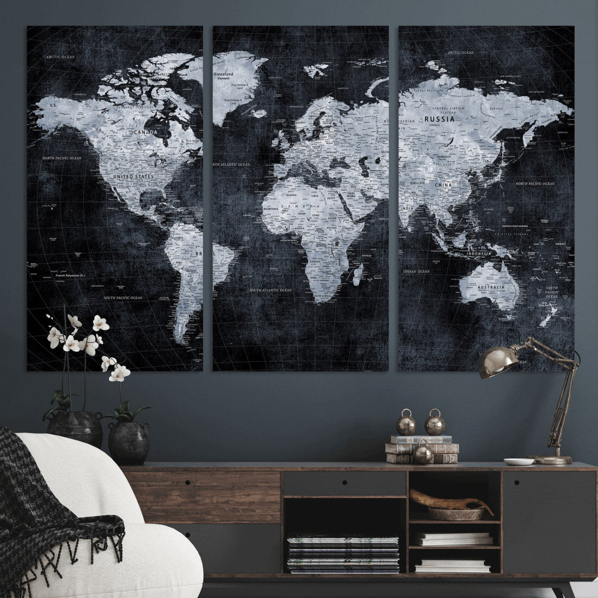 Black World Map Canvas Print – Detailed Map for Couples and