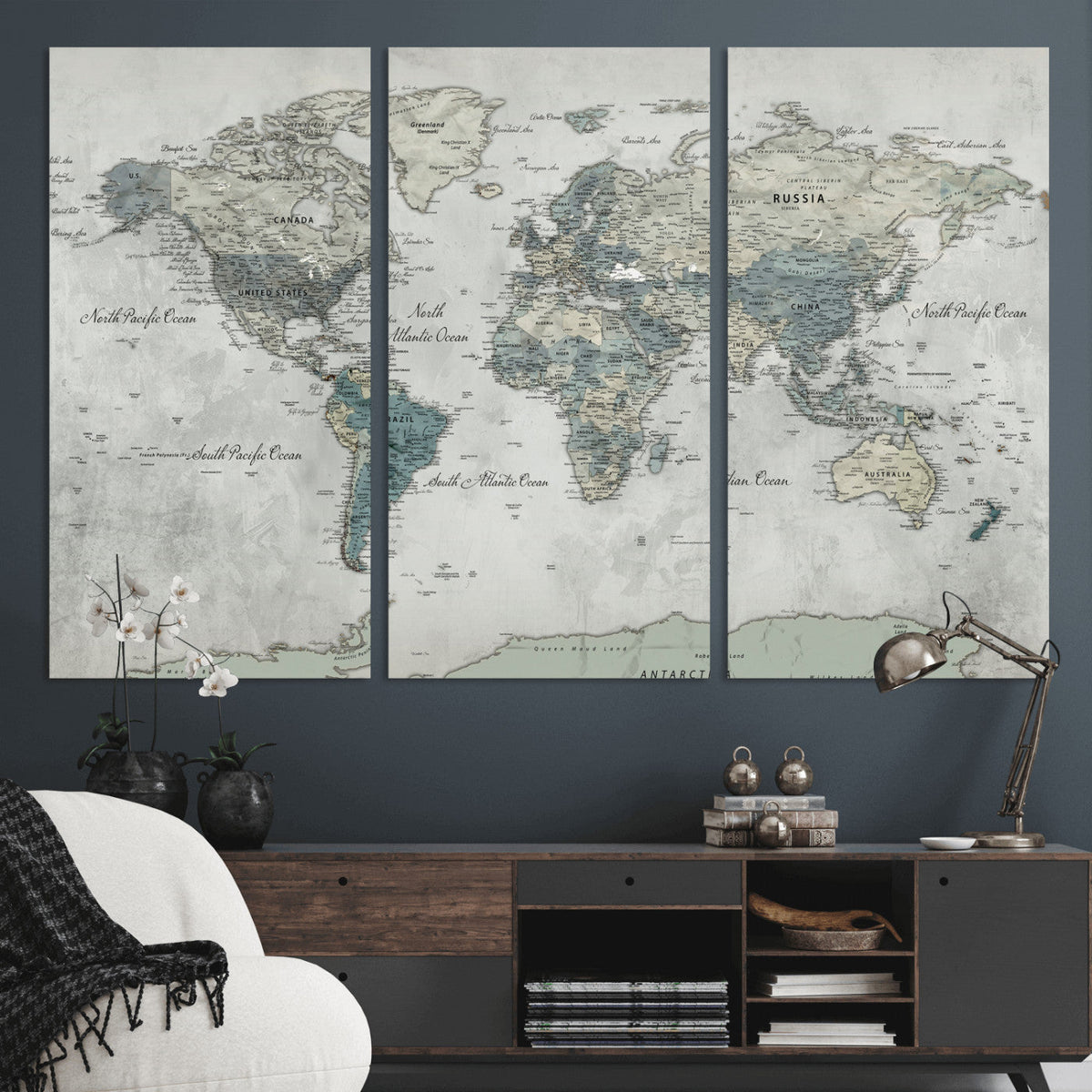 Neutral Vintage World Map Canvas Wall Art Print, Classic Map