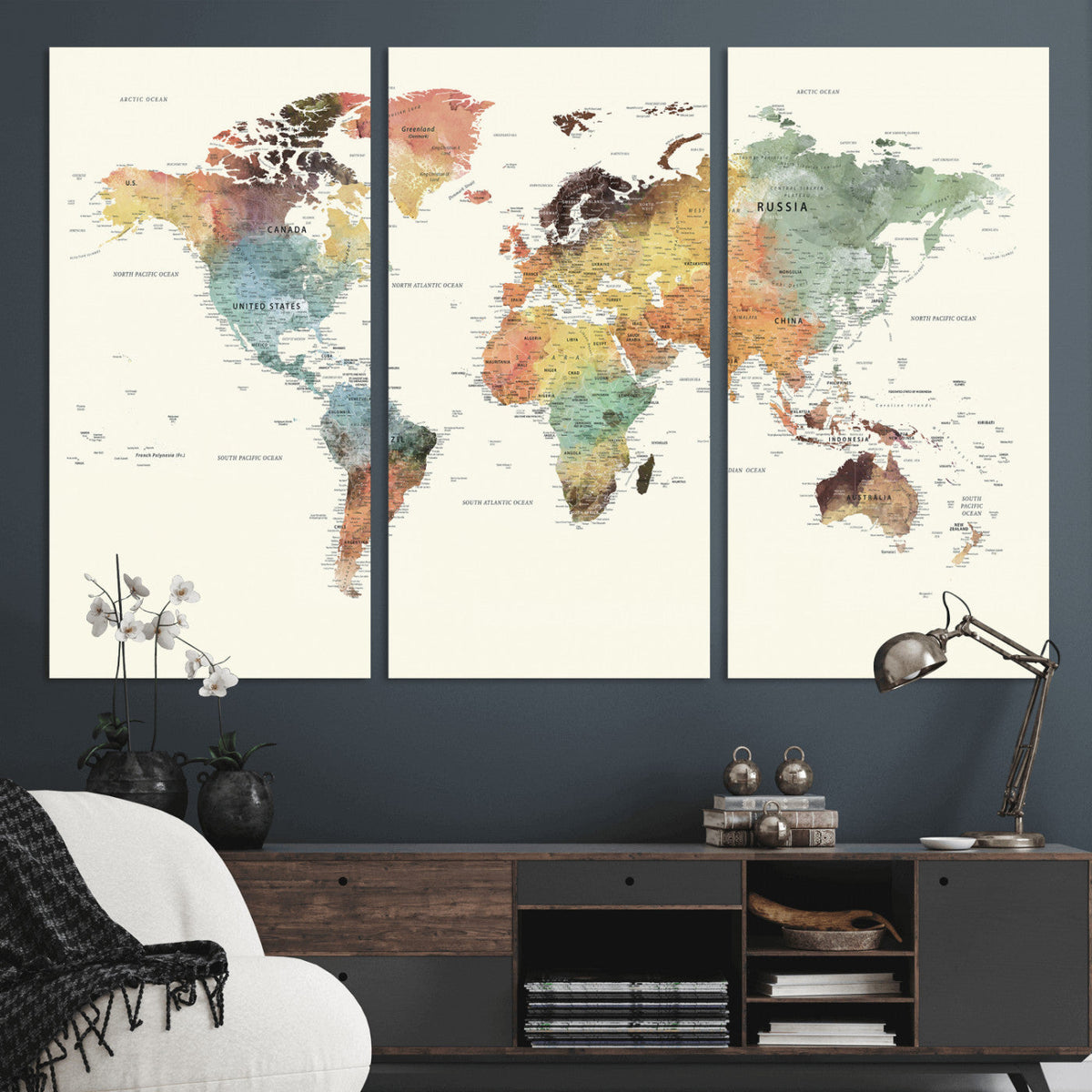 Framed World Map Wall Art Canvas Print for Living Room and