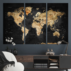 World Map Canvas Wall Art with Famous Landmarks – Framed