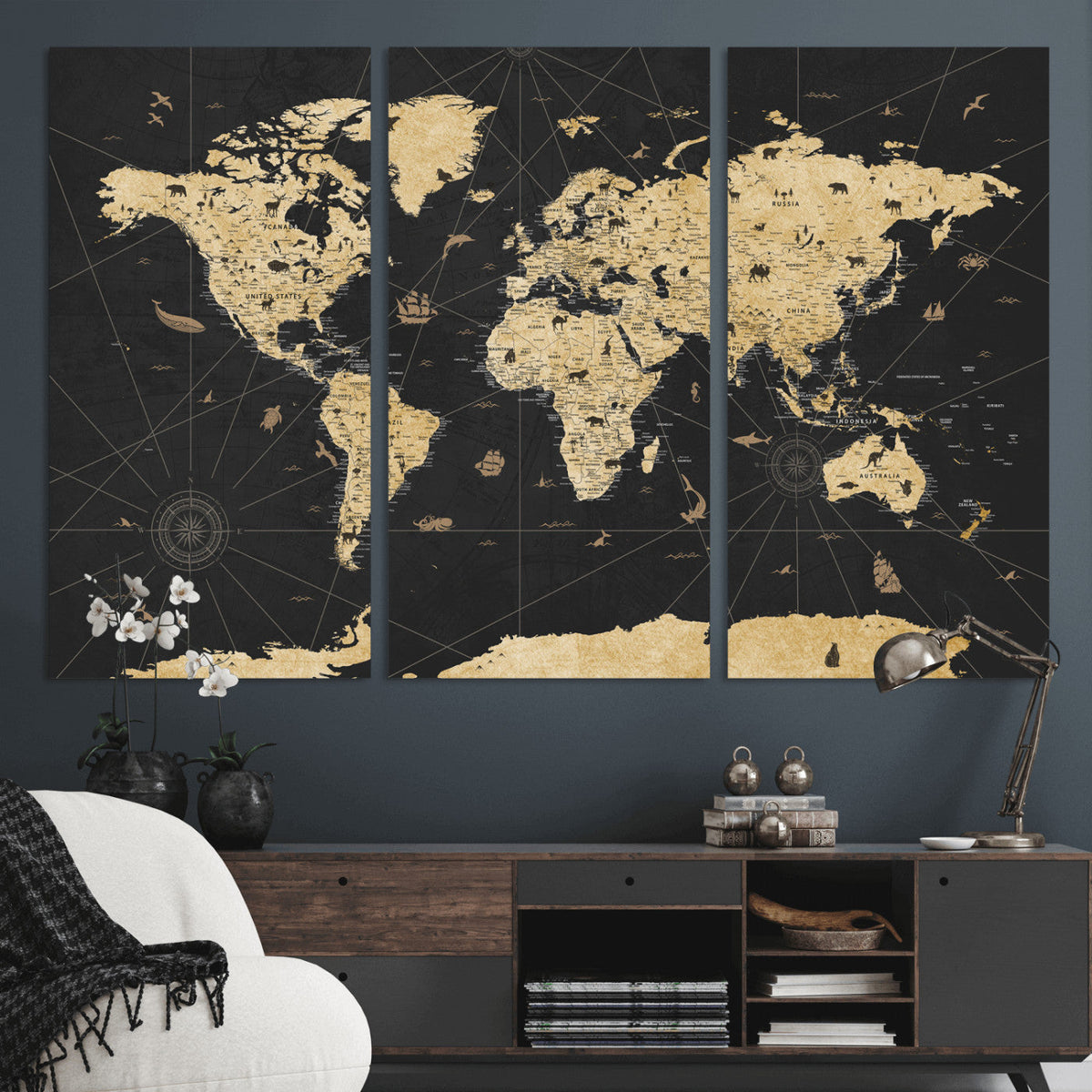 Vintage Blue and Brown World Map Canvas Wall Art – Framed
