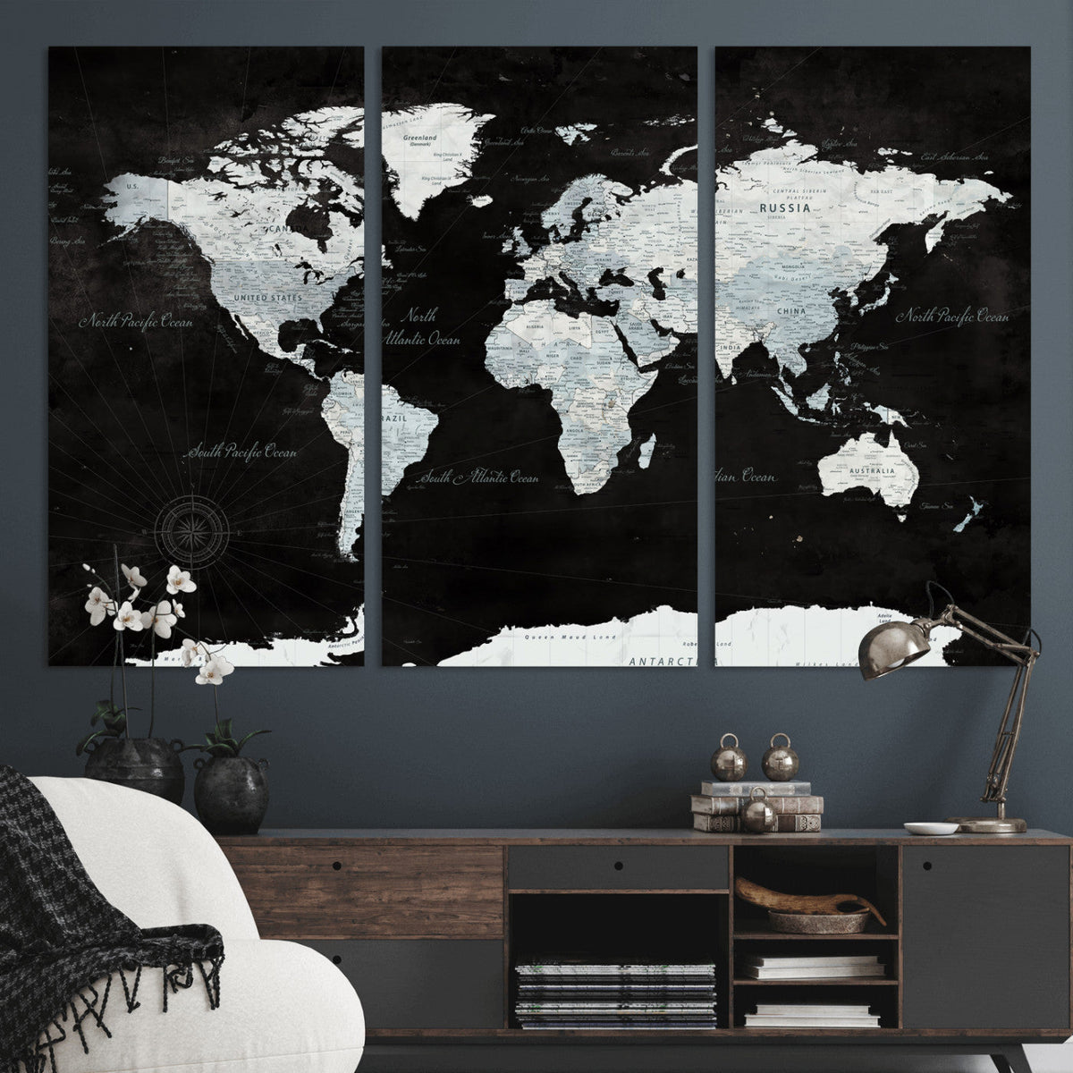 World Map Canvas Print – Framed Push Pin Wall Art, Color