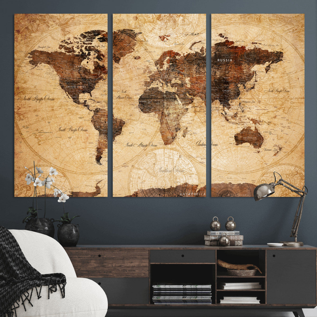 Modern Red and Gray World Map Canvas Print – Framed Wall Art