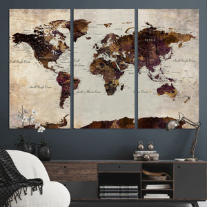 World Map Canvas Triptych – Colorful Global Wall Art for