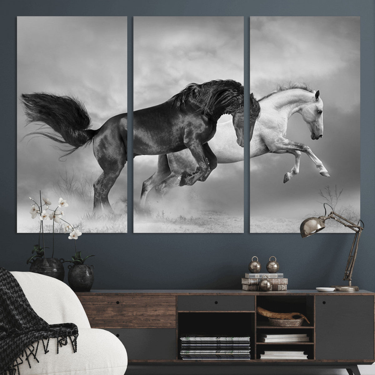 Wild Horses Wall Art Canvas Print – Framed Black and White