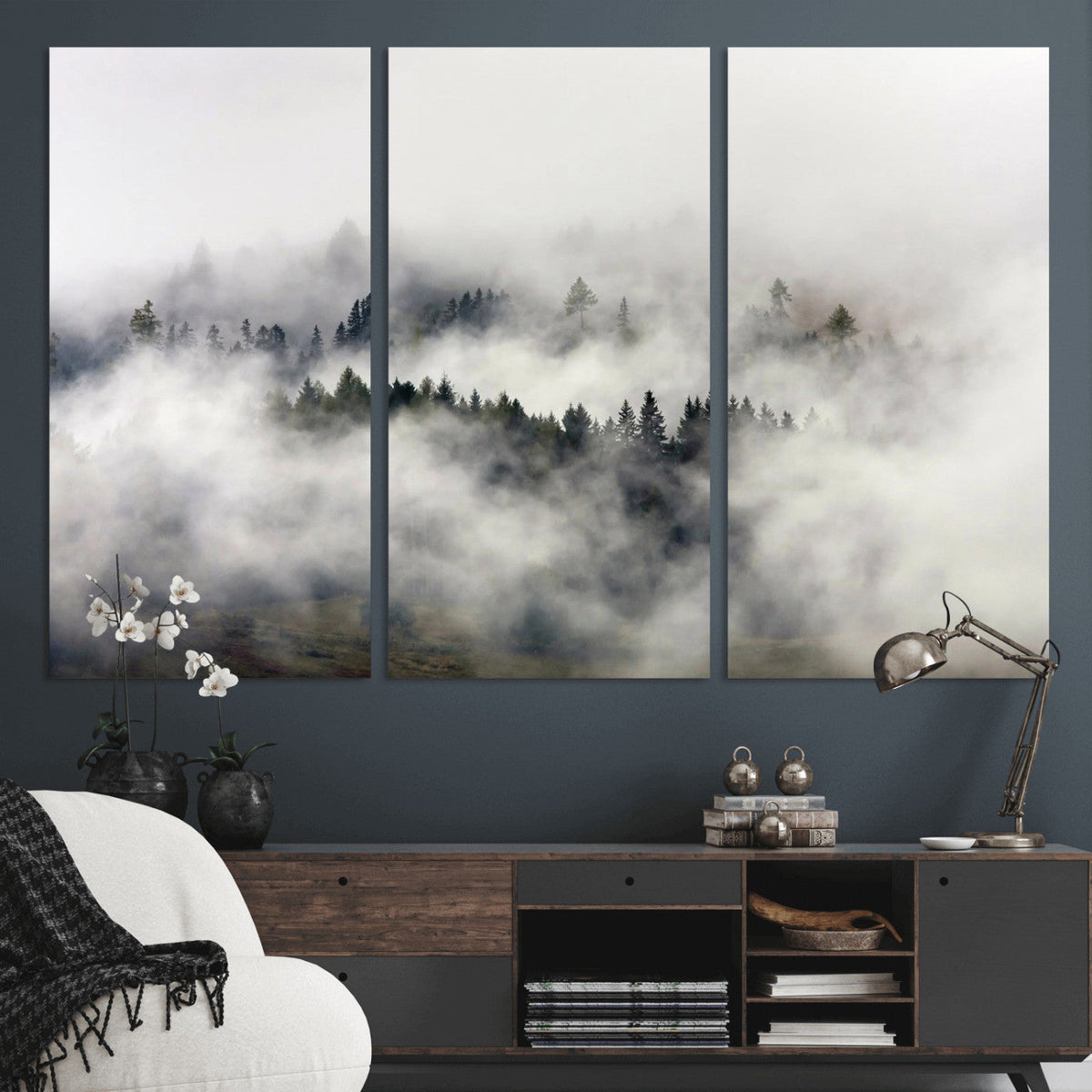 Foggy Forest Wall Art Canvas Print, Misty Pine Tree