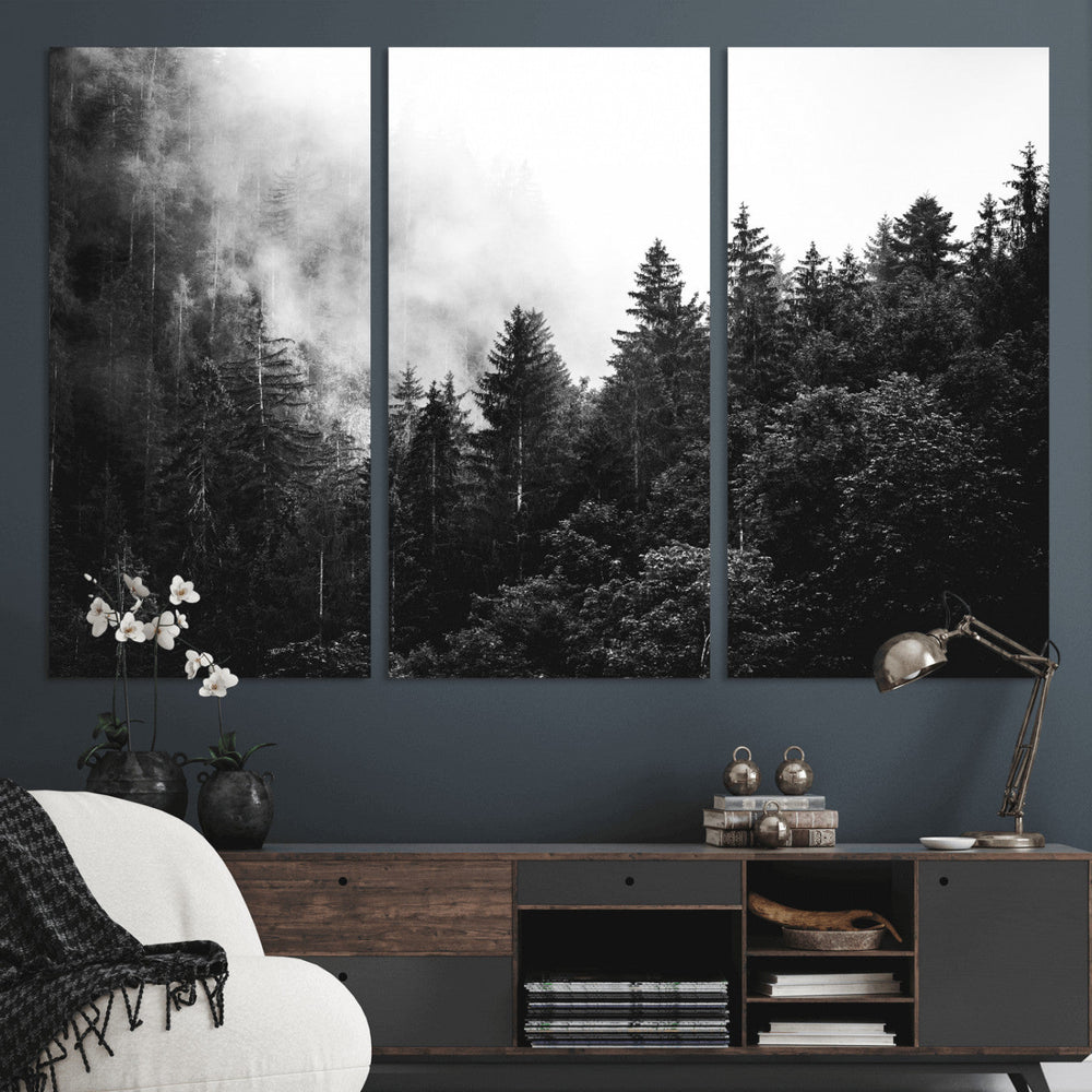 Black White Forest Wall Art Canvas Print, Misty Pine Tree