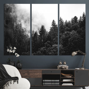 Black White Forest Wall Art Canvas Print, Misty Pine Tree