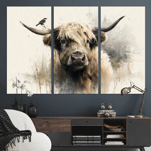Abstract Highland Cow Wall Art Canvas Print, Rustic Farm