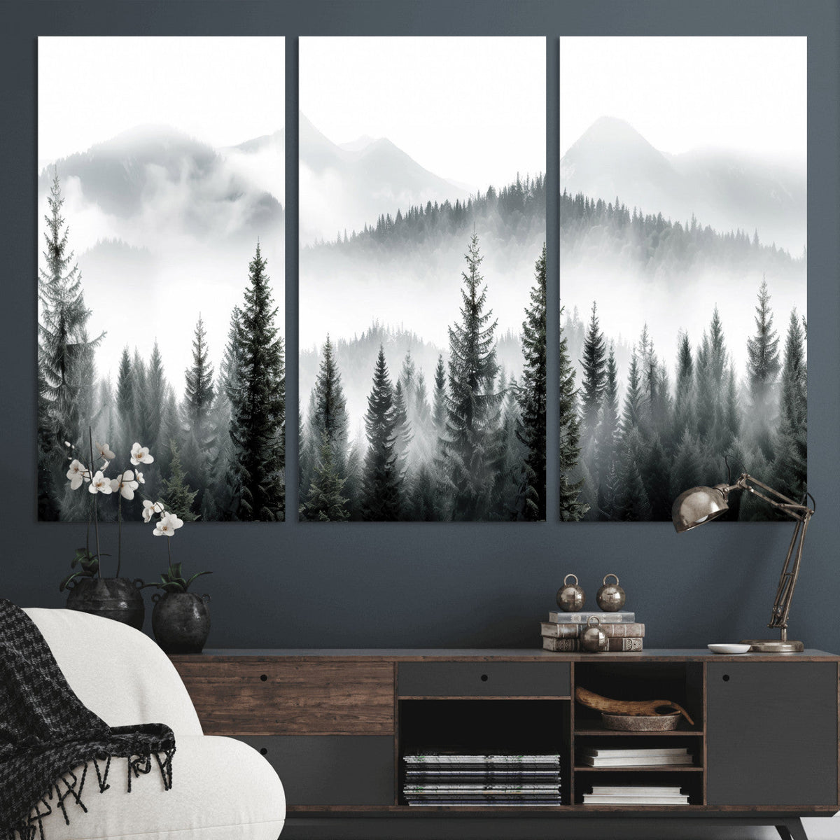 Misty Pine Forest Mountain Landscape Wall Art Canvas Print