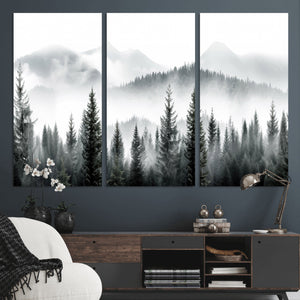 Misty Pine Forest Mountain Landscape Wall Art Canvas Print