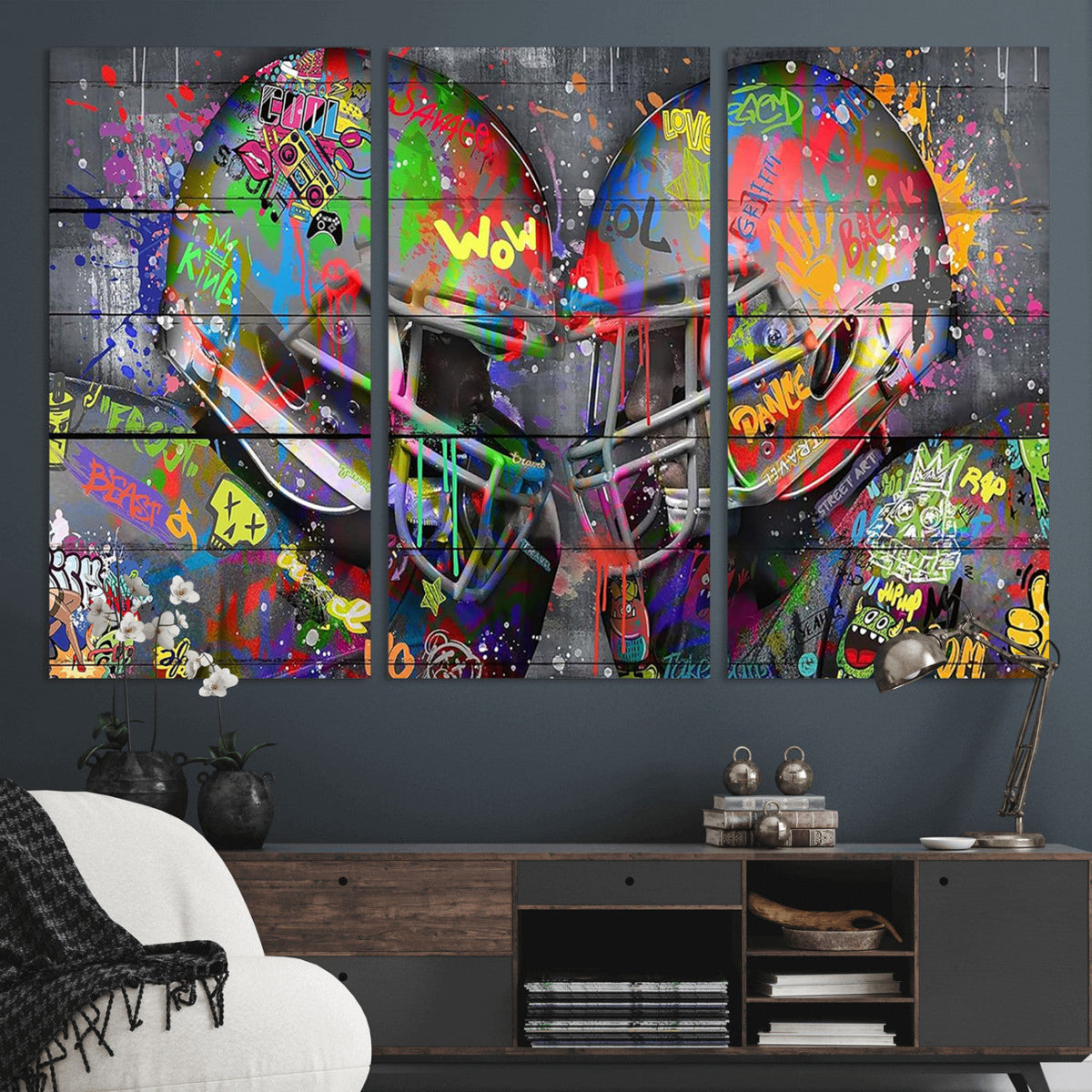 Graffiti Football Helmets Wall Art Canvas Print, Urban
