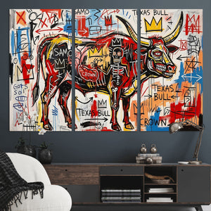 Texas Bull Wall Art Canvas Print, Abstract Graffiti Bull