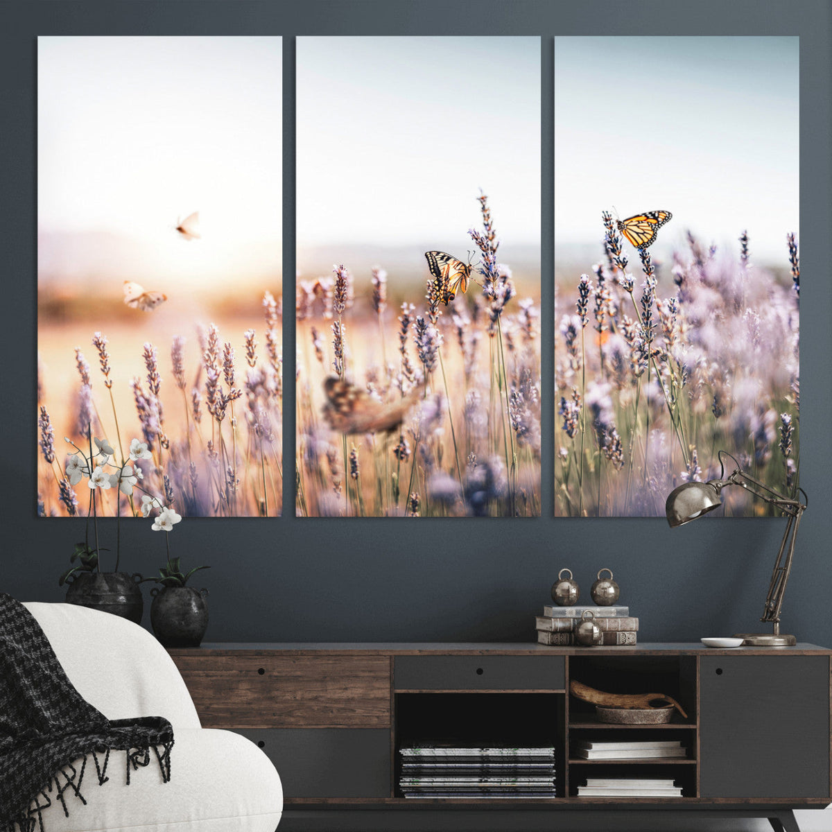 Lavender Field Wall Art Canvas Print, Butterfly Floral