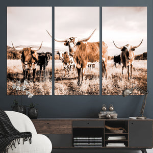 Texas Longhorn Cattle Wall Art Canvas Print, Sepia Western