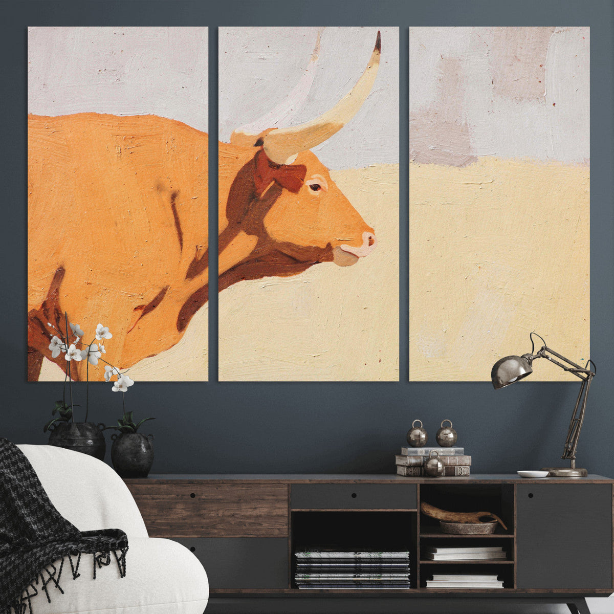 Minimal Longhorn Bull Wall Art Canvas Print, Neutral Western