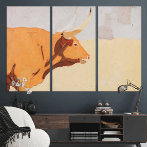 Minimal Longhorn Bull Wall Art Canvas Print, Neutral Western