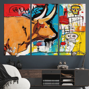 Basquiat Style Bull Graffiti Wall Art Canvas Print, Street