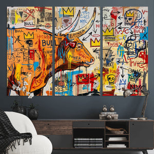 Basquiat Style Bull Graffiti Wall Art Canvas Print, Street